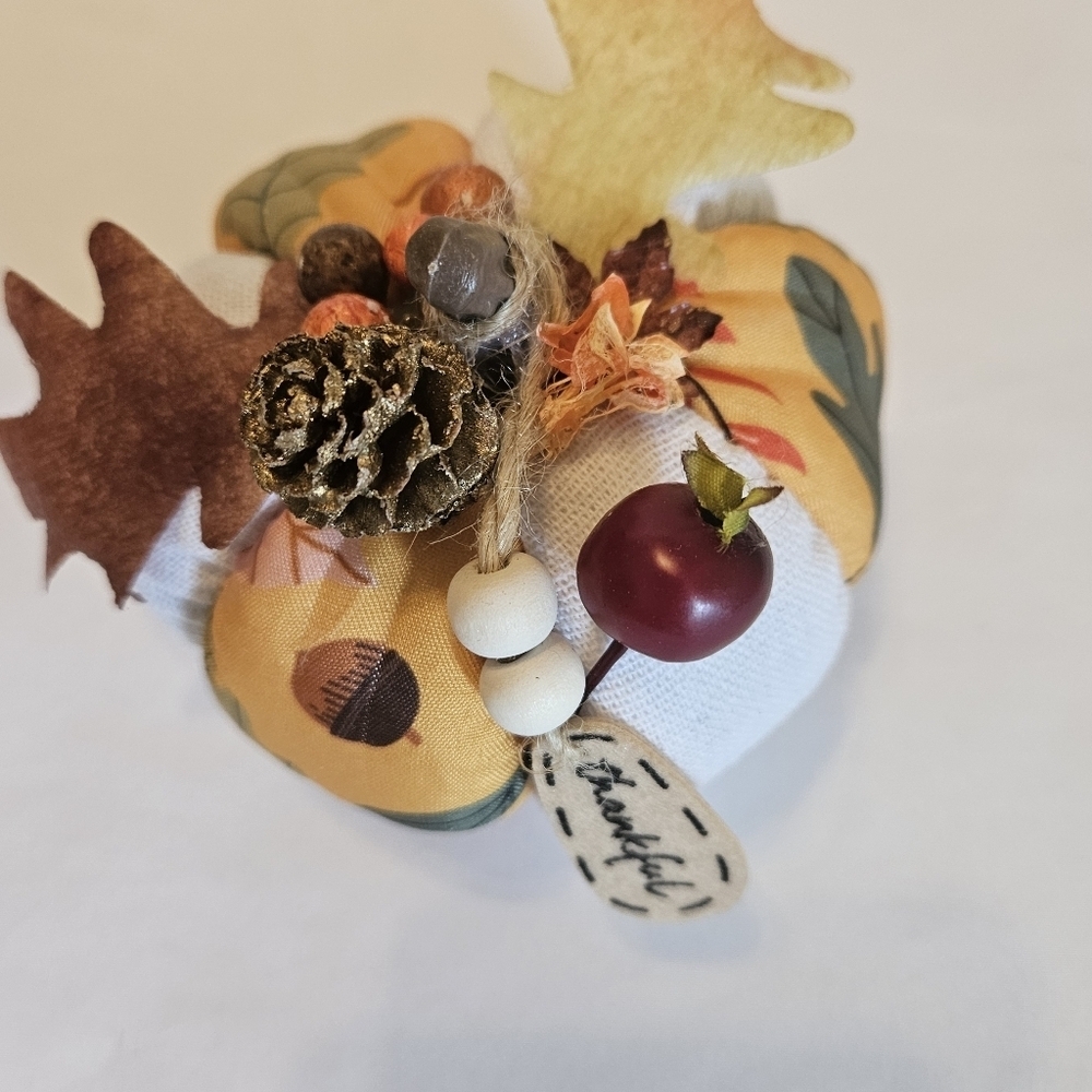 Hand Crafted Fabric Pumkins trio holiday decor harvest motif fall handmade art - Picture 10 of 16